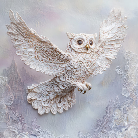 A lace stitched owl in mid flight with detailed feather patterns soaring gracefully