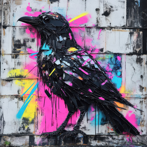 Raven made of shattered glass with neon streaks spray painted in graffiti style inspired by banksy art