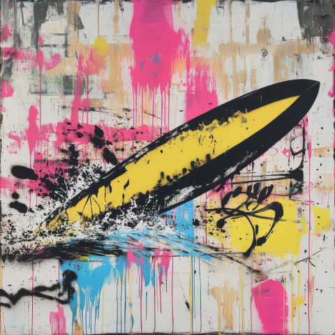 Lone surfboard riding a liquid gold wave spray painted in banksy graffiti style