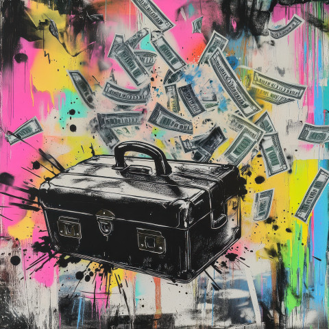 Briefcase exploding into flying dollar bills spray painted in the banksy graffiti style