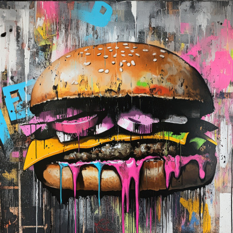 Melting burger with graffiti style drips spray painted in banksy inspired art