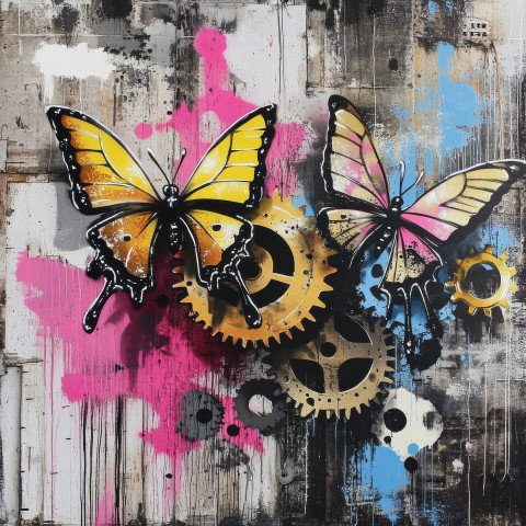 Rusted gears transforming into golden butterflies spray painted in banksy graffiti style