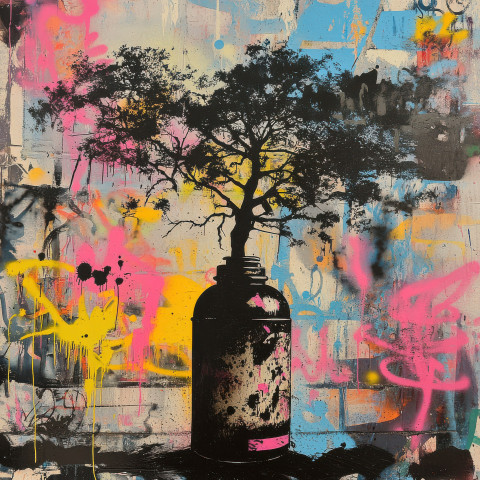 Giant tree growing out of a spray can spray painted in banksy graffiti style