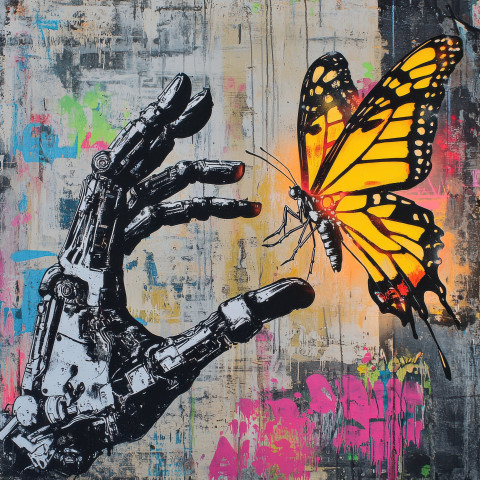 Cyborg hand reaching for a glowing butterfly spray painted in banksy graffiti style