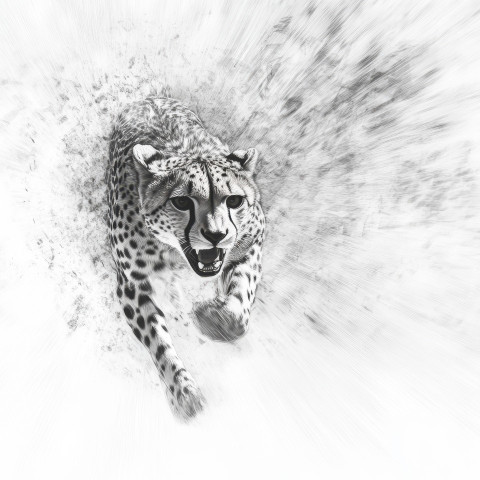 A cheetah running in motion captured in a pencil wireframe drawing