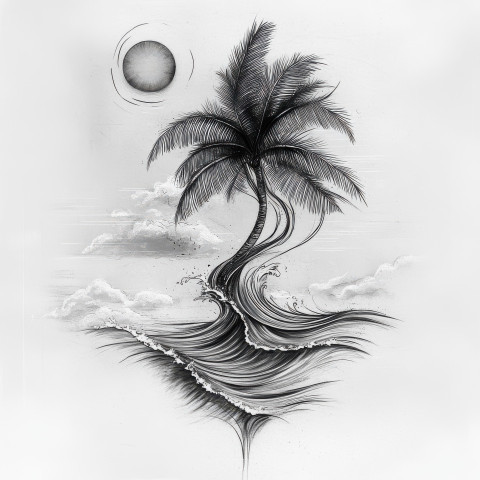 A palm tree by the beach with waves and the sun in the sky