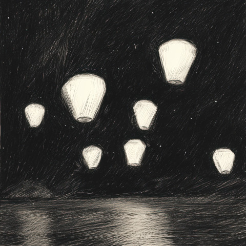 Lanterns floating in the night sky