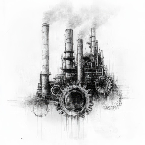 A factory with smokestacks and gears