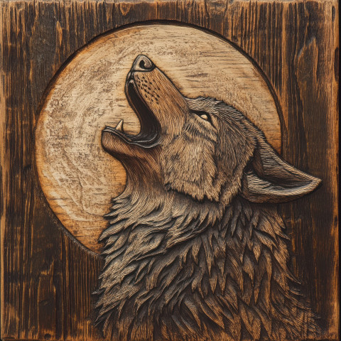 Wolf howling at the moon intricately carved into rich textured wood grain