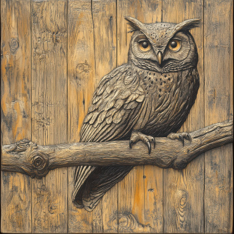 Owl perched on an old branch intricately carved into textured wood grain