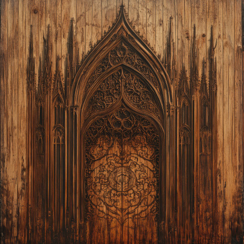 Gothic cathedral with fine details carved into rich textured wood grain