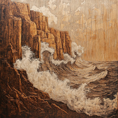 Waves crashing on rocky cliffs intricately carved into rich textured wood grain