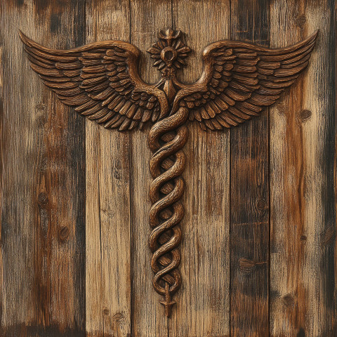 Caduceus with intricate details carved into textured wood grain