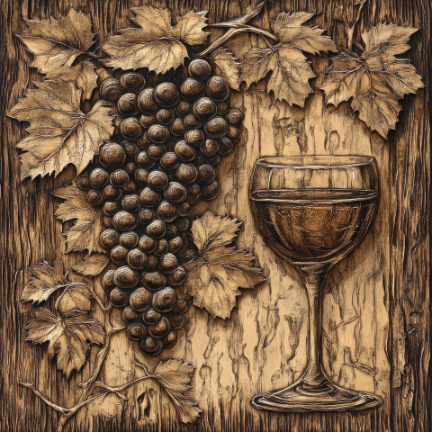 Vineyard with grapes and a wine glass intricately carved into rich textured wood grain