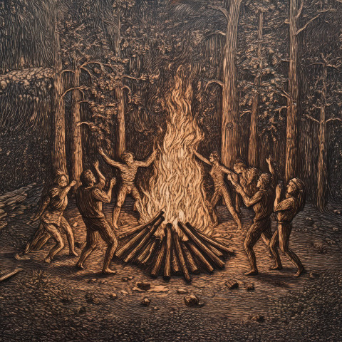 Bonfire with people dancing around intricately carved into rich textured wood grain