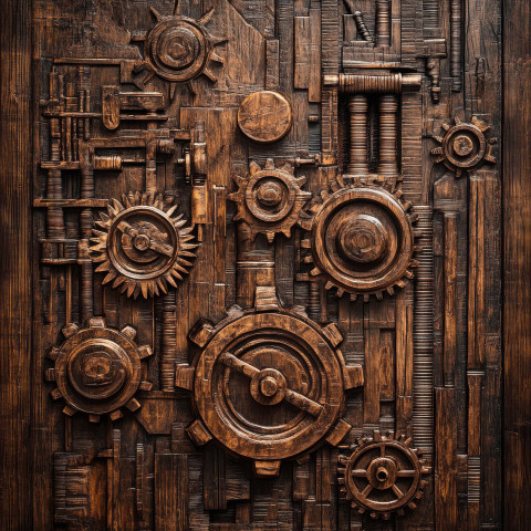 Steam powered factory with gears intricately carved into rich textured wood grain