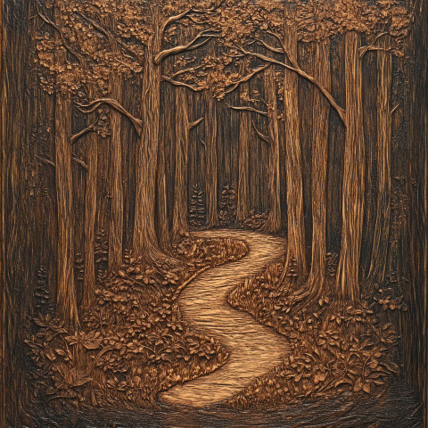 Dense forest with a winding path intricately carved into rich textured wood grain