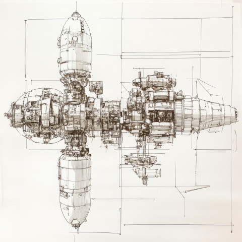 Space station schematics with module layouts docking ports and communication systems