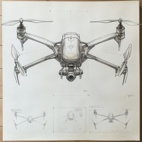 Drone assembly diagram displaying propellers battery and camera system