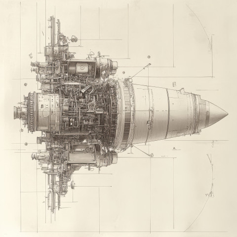 Rocket engine cross section showing fuel chambers nozzles and exhaust systems