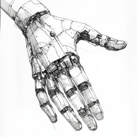 Cybernetic hand sketch with artificial joints circuits and mechanical structure