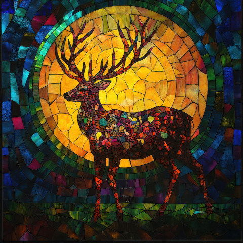 A majestic stag stands beneath a glowing moon illuminated by stained glass windows