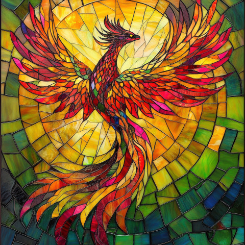 A phoenix rises in fiery hues displayed in stained glass