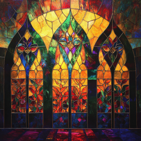 A gothic cathedral with radiant stained glass windows showcasing intricate designs and colors