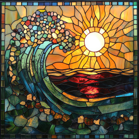 Waves crash under a golden sunset captured in stunning stained glass