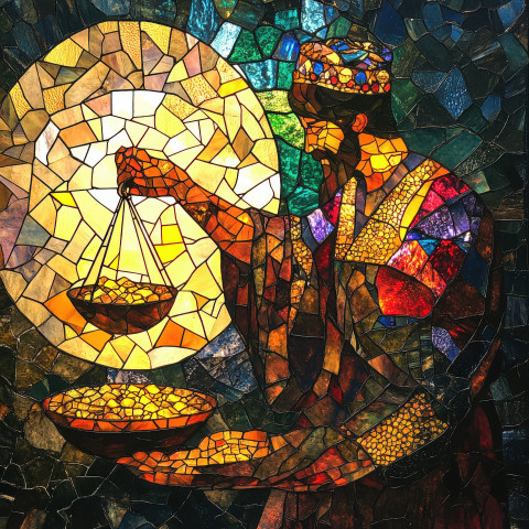 A merchant weighs gold on a scale in front of stained glass windows