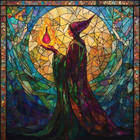 A mystic healer holds a glowing potion in front of stained glass windows