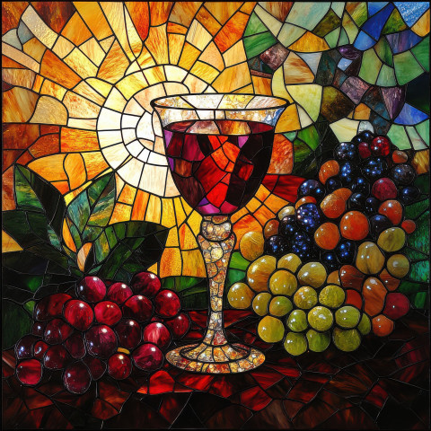 A goblet of wine sits beside a fruit laden table captured in stained glass