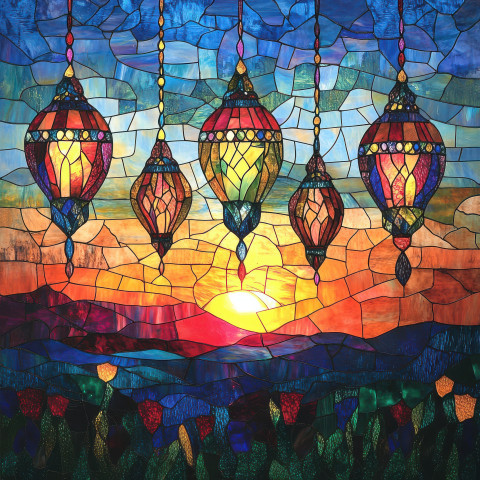 Lanterns float gently in a twilight sky illuminated through stained glass windows