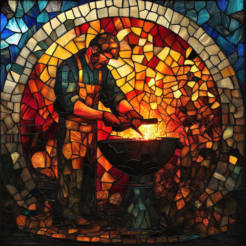 A blacksmith forges metal under sparks with stained glass windows in the background