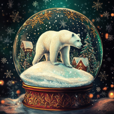 A polar bear stands on an icy hill inside a snowglobe