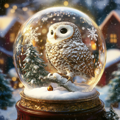 A snowy owl perches on a frosty branch inside a snowglobe