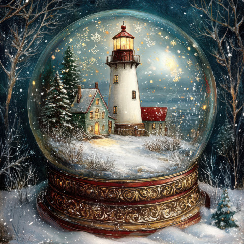 A frozen lighthouse stands tall by the shore inside a snowglobe