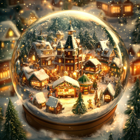 A winter market filled with glowing lights is captured inside a snowglobe