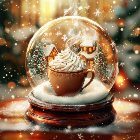 A steaming cup of hot cocoa sits inside a snowglobe