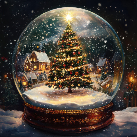 A christmas tree with twinkling lights shines inside a snowglobe