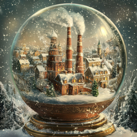 A snow covered factory with chimneys is shown inside a snowglobe