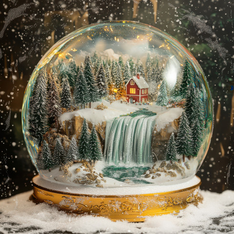 A frozen waterfall flows in a pine forest inside a snowglobe