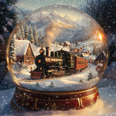 A snowy train passes through mountains inside a snowglobe