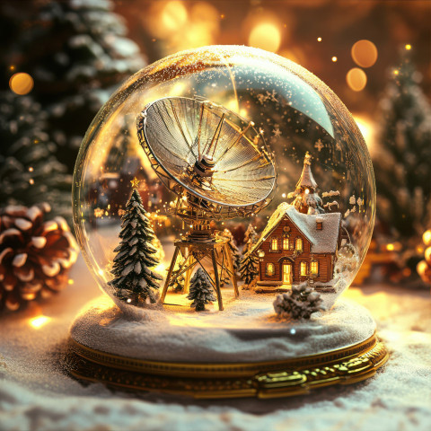 A satellite dish covered in snow is captured inside a snowglobe