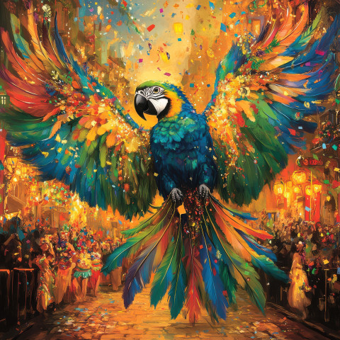 A giant macaw with dazzling rainbow feathers perched on a rio carnival float