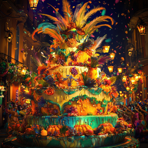 A giant carnival cake with fruit fountains