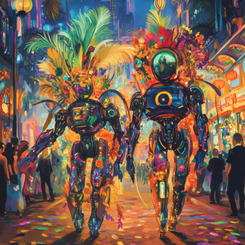 Futuristic robots dancing in neon colors