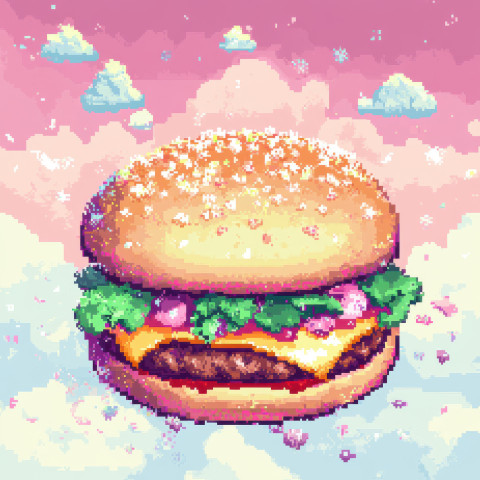 A pixel burger with layers of cheese