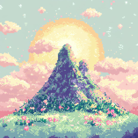 A small mountain with the sun shining above