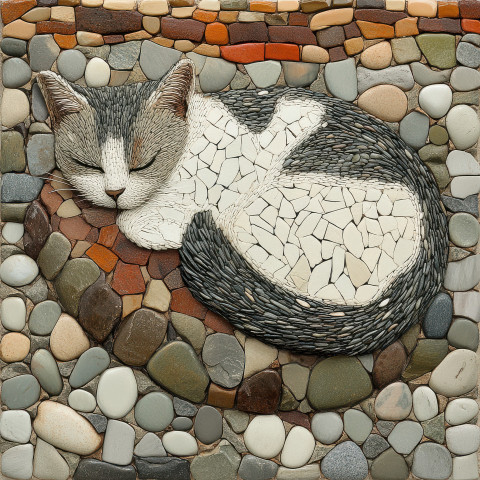 A cat curled up sleeping on a smooth stone peaceful and relaxed